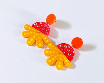 Colorful Mod Blossom Painted Earrings, Hand Painted & Rhinestone Yellow Flower Statement Earrings