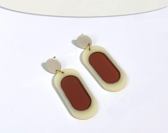 Cream and Coffee Colorblock Mod Oval Earrings