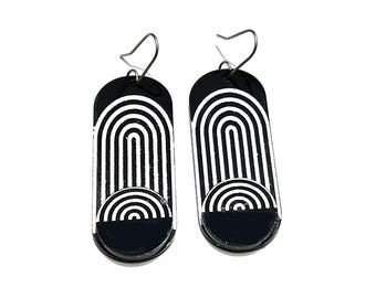 Mod Black and White Archway Earrings, Geometric Deco Earrings