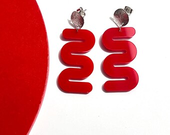 Red Curves Geometric Squiggle Earrings