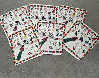 6 Vintage Handprinted Egypt Cotton Napkins, Ancient Egyptian Hieroglyphic Alphabet Napkins