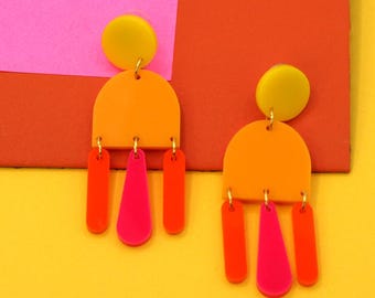 Groovy Chandelier Earrings, Bright 60s Mod Dangle Earrings