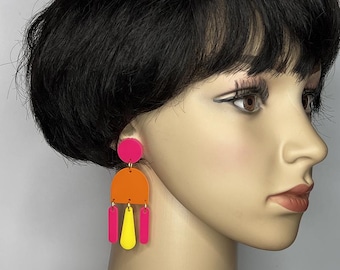 Yellow and Orange Groovy Chandelier Earrings, Bright 60s Mod Dangle Earrings