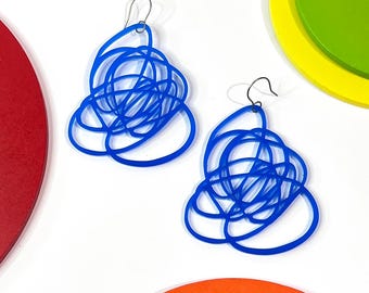 Large Artsy Blue Doodle Earrings, Wearable Art Scribble Earrings