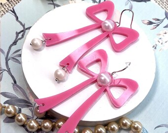 90's Style Jumbo Pink Acrylic Bow Earrings, Bridal Earrings