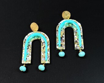Golden Girl Arch Earrings, Gold Glitter Statement Earrings