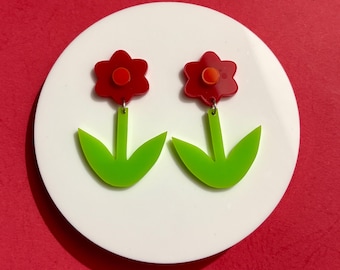Minimalist Red Flower Earrings, Modern Floral Statement Jewelry, Cute Botanical Jewelry
