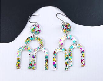 Whimsical Glitter Confetti Mobile Earrings, Sparkly Geometric Earrings