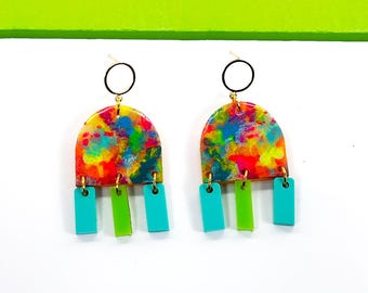 Neon Impressionist Earrings in Aqua and Green