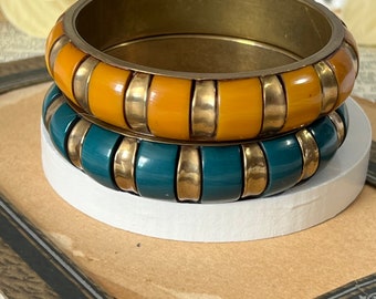 Two Vintage Striped Brass and Plastic Bangle Bracelets, Egyptian Revival Bracelets, Boho Chic Jewelry