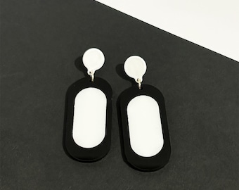 White and Black Colorblock Mod Oval Earrings