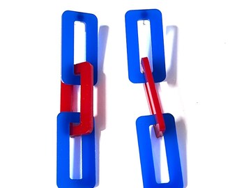 Chunky Chain Earrings, Large Link Earrings in Blue and Red, Colorful Maximalist Statement Earrings