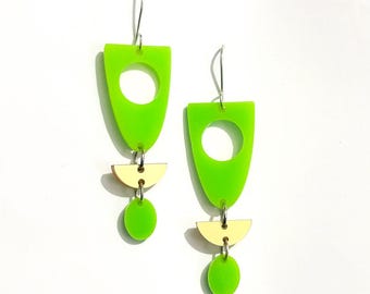 Green Acrylic Geometric Mobile Earrings, Arch Dangle Earrings