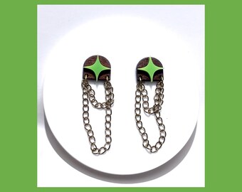 Green Atomic Star Chain Dangle Earrings,80s Retro Earrings