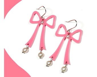 Pink Acrylic Bow Earrings, Vintage Bride Earrings