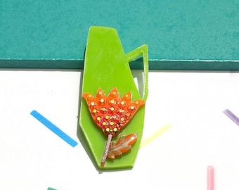 Sculptural Tulip Rhinestone Flower Vase Statement Brooch Green & Orange