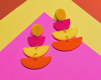 Candy Color Geometric Stack Earrings, Bright 60s Mod Dangle Earrings