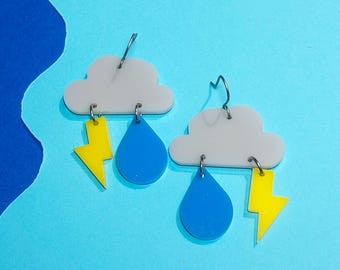 Large Acrylic Storm Cloud Earrings, Whimsical Rain and Lightening Bolt Statement Earrings