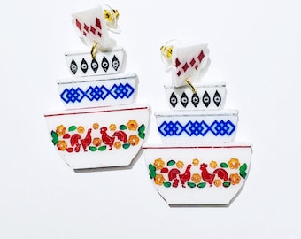 Hand painted Kitschy Pyrex Bowl Stack Statement Earrings