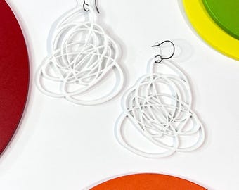Large Artsy White Doodle Earrings, Wearable Art Scribble Earrings
