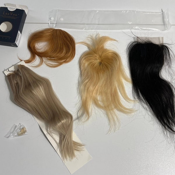 Assorted Lot of Human Hair Pieces, 14inch Ash Blonde Remy Human Hair Fishline Hair Extension, Clip in Bangs, Hair Topper