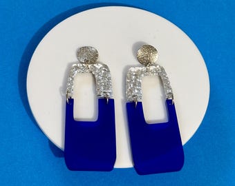 Navy Blue and Silver Geometric Arch Mobile Earrings, Retro 60s Statement Earrings