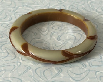 Restored Vintage 30's Carved Baby Blue & Brown Resin Coat Bakelite Bracelet, Blue Bakelite Bangle