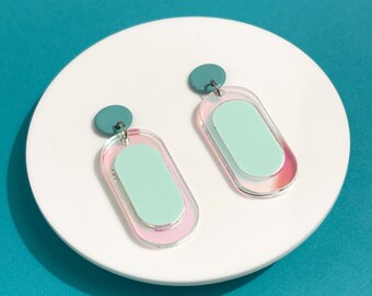 Aqua Holographic Colorblock Mod Oval Earrings