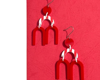 Geometric Red and White Stripe Modern Mobile Earrings, Artsy Statement Earrings