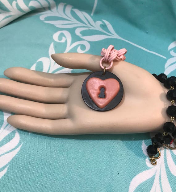 Vintage 40's Pink & Black Heart Charm Celluloid Ch