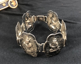 Vintage Asian Immortals Silver Bracelet, Detailed Pressed Plaques, Statement Jewelry