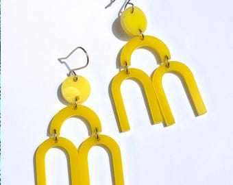 Yellow Modern Arch Mobile Earrings, Modern Minimalist Statement Earrings