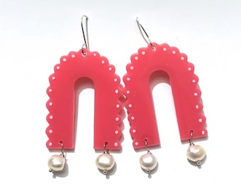 Bold Pink Scalloped Arch Earrings, 60s Inspired Statement Earrings