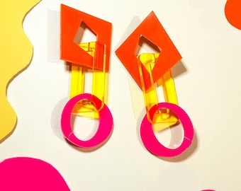 Chunky Chain Earrings, Vibrant Abstract Geometric Link Earrings