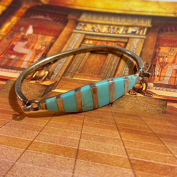 Vintage Mexican Turquoise Resin Alpaca Silver Inlay Clamp Bracelet, Boho Bracelet