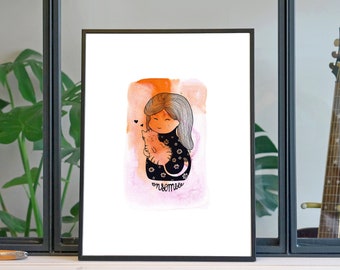 Illustration 'Together, Little girl with her cat' / Poster 11.8’’ x 15.7’’