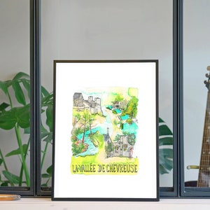 May include: A framed watercolor illustration of a landscape with a castle, a church, and a river. The text "LA VALLÉE DE CHEVREUSE" is printed below the illustration.