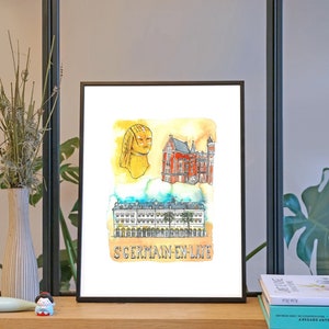 May include: A framed watercolor illustration of a building with a yellow and orange facade. The building is labeled "S'Germain-en-Laye". The illustration also features a watercolor painting of a woman's head with a yellow background.