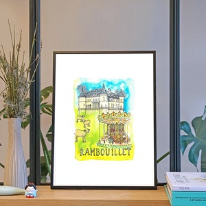 May include: A watercolor illustration of a castle with a carousel in front of it. The castle is white with a blue roof and the carousel is yellow and red. The text "RAMBOUILLET" is written in yellow below the carousel.