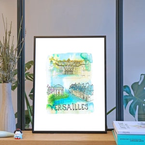 May include: A watercolor painting of the Palace of Versailles in France. The painting is in a black frame and is hanging on a wall. The painting shows the palace, gardens, and a fountain.