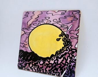 Original painting on upcycled wooden board 'Sunset on the sea' I Small format