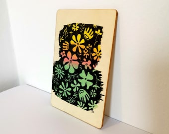 Original painting on upcycled wooden board 'Flower power' I Small format