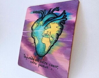 Original painting on upcycled wooden board 'Planet Earth, Planet Heart' I Small format