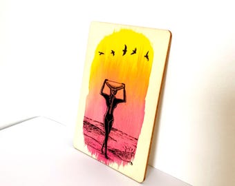Original painting on upcycled wooden board 'Woman surfer at sunset' I Small format