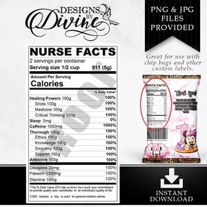 Nurse Nutritional Facts Label - Custom Label - Chip Bag - Water Bottle Label - Candy Label - Printable - Label - Party Favor - Custom Favors image 1