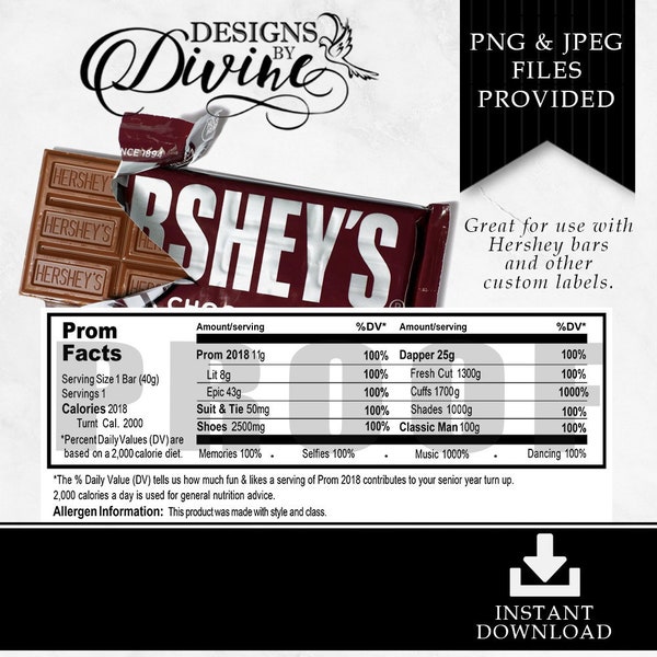Hershey Prom Nutrition Facts Label - Male - Custom Label - Hershey Bar - Candy Bar - Candy Label - Printable - Party Favor - Custom Favors