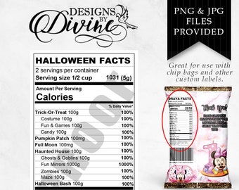 Etiqueta de información nutricional de Halloween - Etiqueta personalizada - Bolsa de papas fritas - Truco o trato - Fiesta de Halloween - Imprimible - Favor de fiesta - Favores personalizados