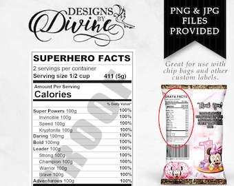 Etiqueta de información nutricional de superhéroes - Etiqueta personalizada - Bolsa de chips - Etiqueta de botella de agua - Etiqueta de caramelo - Imprimible - Favor de fiesta - Favores personalizados