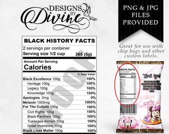 Black History Nutrition Facts Label - Custom Label - Chip Bag - Wasserflaschen Etikett - Candy Label - Ausdruckbar - Party Favor - Custom Favors