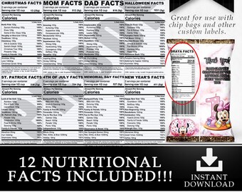12 etiquetas de información nutricional Oferta de paquete navideño - Etiqueta personalizada - Bolsa de papas fritas - Etiqueta de botella de agua - Imprimible - Favor de fiesta - Favores personalizados